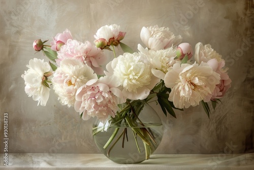 A bouquet of peonies in various stages of bloom, with soft pink and white petals, placed in a clear glass vase. 