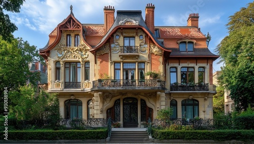 Ornate, brick house with balconies and greenery.