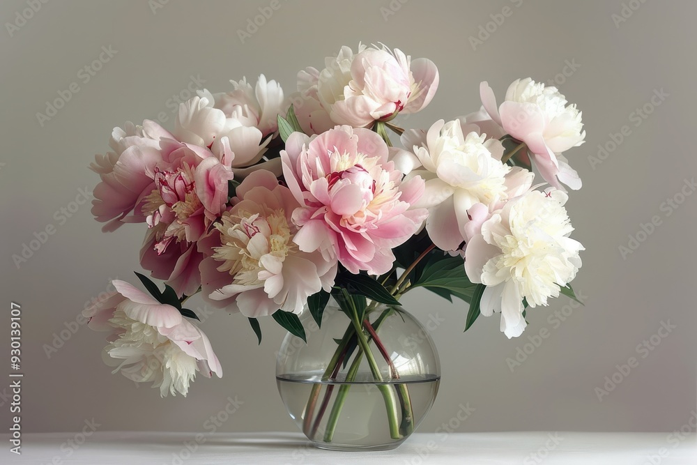 Obraz premium A bouquet of peonies in various stages of bloom, with soft pink and white petals, placed in a clear glass vase. 