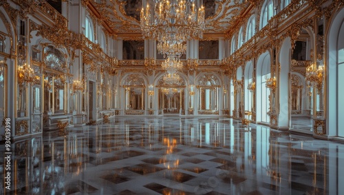 Grand, ornate ballroom with gold accents and reflections.