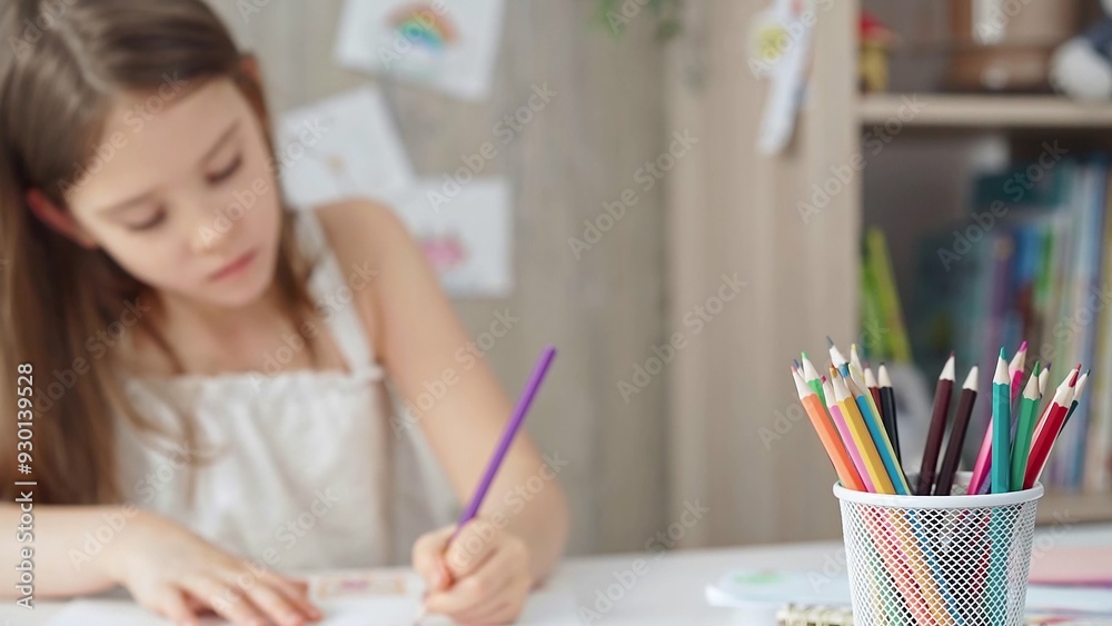 A close-up of colored pencils on the desk, with a creative young girl drawing in the background A close-up of colored pencils on the desk, with a creative young girl drawing in the background