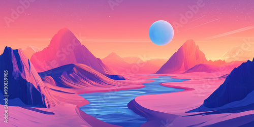 Desert landscape with floating dunes, rivers suspended in mid-air, and shifting geometric formations, flat illustration