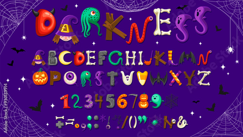 Cartoon Halloween font, holiday scary type with spooky typeface alphabet, vector English letters. Halloween holiday font of spooky characters in letters with boo ghost, witch and zombie in spiderweb