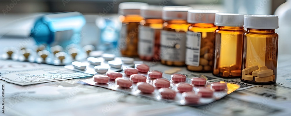 Obraz premium Pharmaceutical Bottles and Pills in Research Lab Exploring Drug Pricing and Treatment Evolution