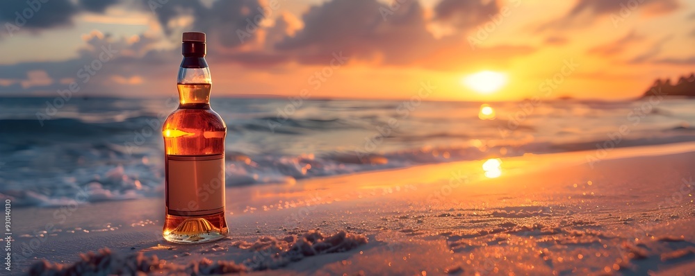 Idyllic Beach Sunset with Whisky Bottle on Table for Romantic Evening Idyllic Beach Sunset with Whisky Bottle on Table for Romantic Evening