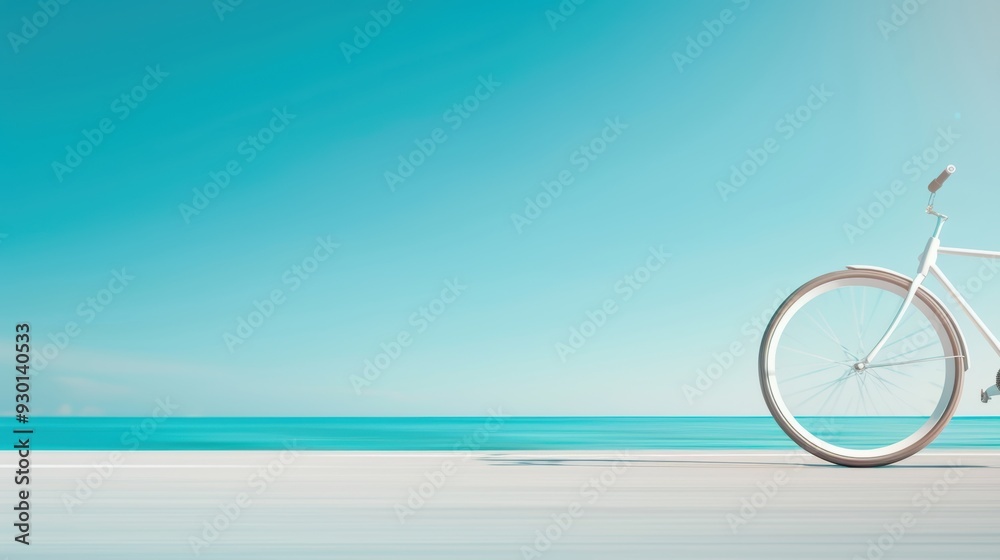 Fototapeta premium Minimalist bicycle by the ocean with clear blue skies and empty beach background