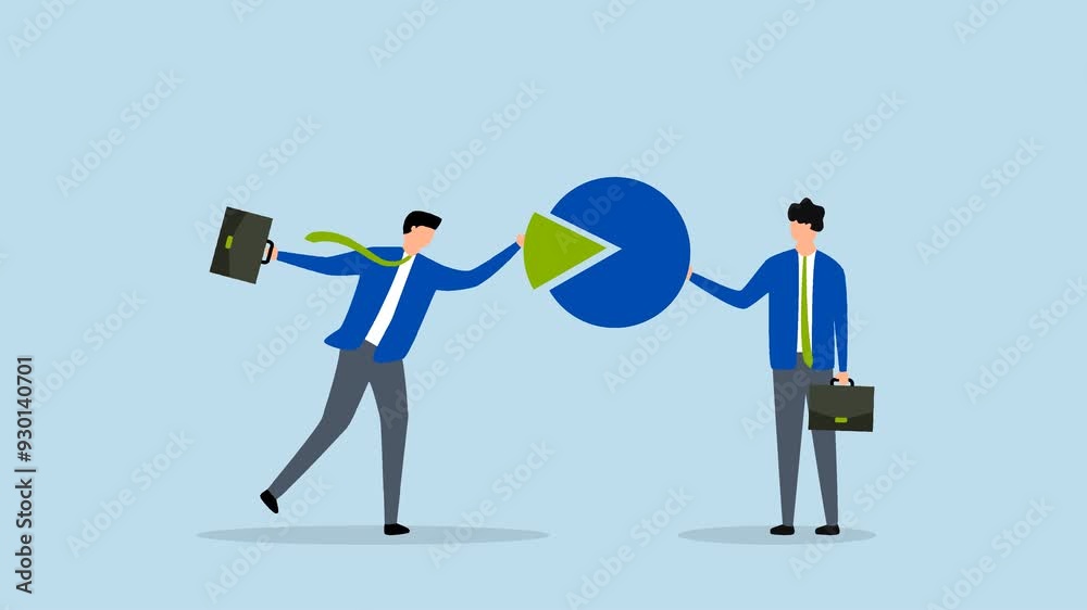 Company shareholder, 4k animation of businessman people holding part of pie chart metaphor of holding stock share. Company shareholder, 4k animation of businessman people holding part of pie chart metaphor of holding stock share.