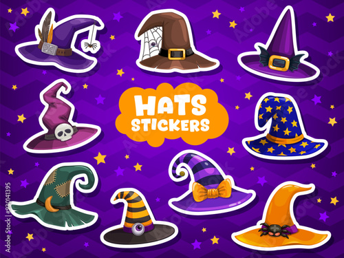 Cartoon Halloween witch hat stickers for horror night holiday, vector icons. Halloween stickers of witch hats with skull buckle, spider in spiderweb and bats, stars and monster eye in patches pattern