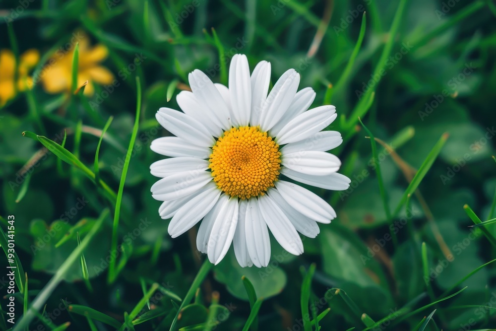 A close-up of a daisy flower, with its white petals and yellow center set against a background of green grass. A close-up of a daisy flower, with its white petals and yellow center set against a background of green grass.