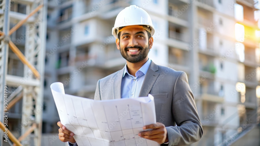 Indian Architect with Floor Plan in Hand - Architect holding a detailed floor plan, standing confidently in front of a construction project.
