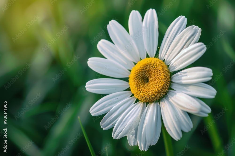 A close-up of a daisy flower, with its white petals and yellow center set against a background of green grass. A close-up of a daisy flower, with its white petals and yellow center set against a background of green grass.