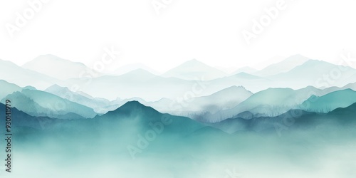 Teal tones watercolor mountain range on white background with copy space display products blank copyspace for design text photo