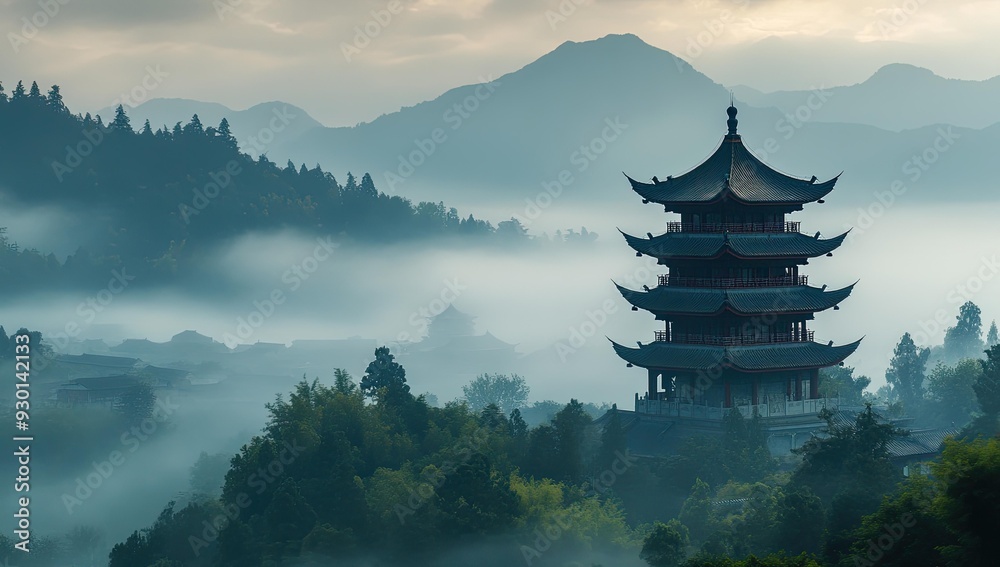 Foggy mountaintop pagoda with forest below.