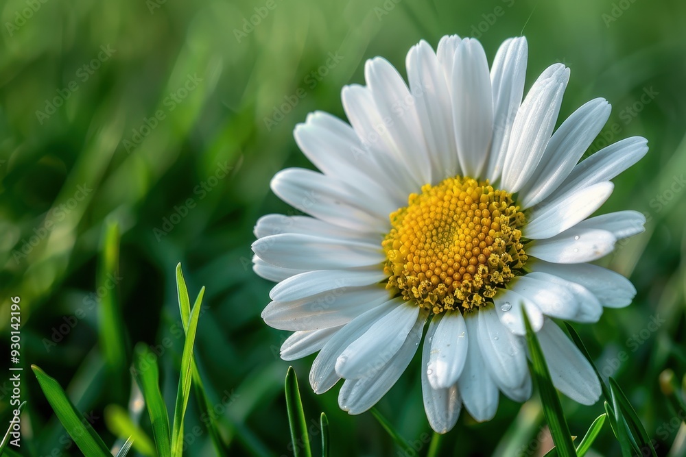 Fototapeta premium A close-up of a daisy flower, with its white petals and yellow center set against a background of green grass.