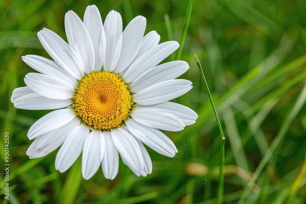 Obraz premium A close-up of a daisy flower, with its white petals and yellow center set against a background of green grass.