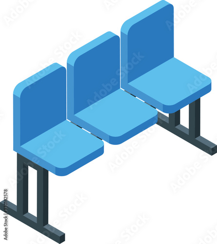 Three blue chairs are standing in a row in a waiting room, probably at a hospital or doctor's office