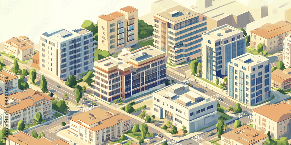 Bird's-eye view of a metropolitan area with tall and low-rise structures, flat illustration Bird's-eye view of a metropolitan area with tall and low-rise structures, flat illustration
