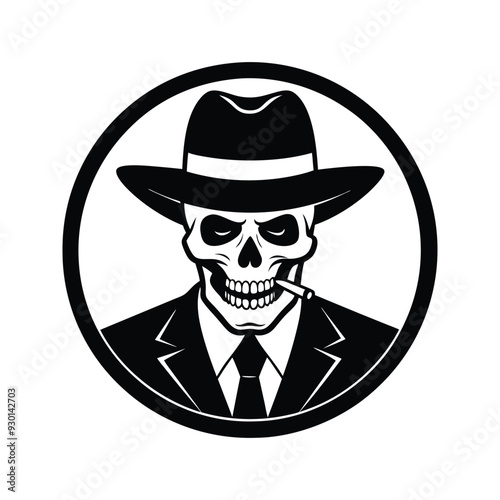 Mafia gangster skull with cigar and  wearing a hat 