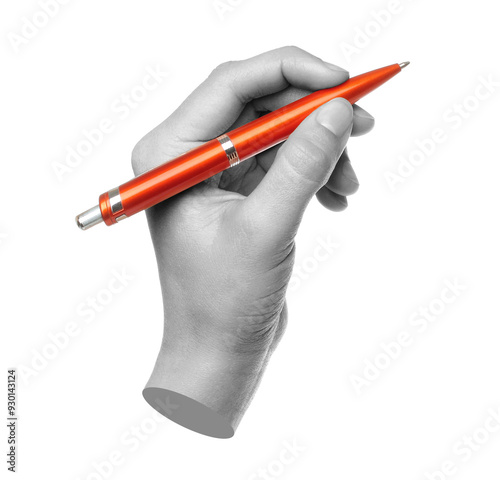 Hands with orange pen isolated on transparent background. Contemporary art