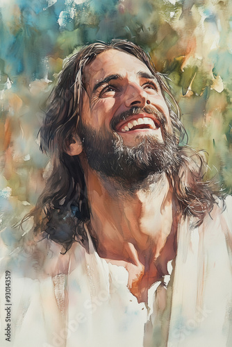 a super high resolution watercolor with light muted color of Jesus Christ smiling