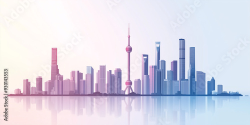 Minimalistic skyline with buildings of diverse heights in a linear formation, flat illustration