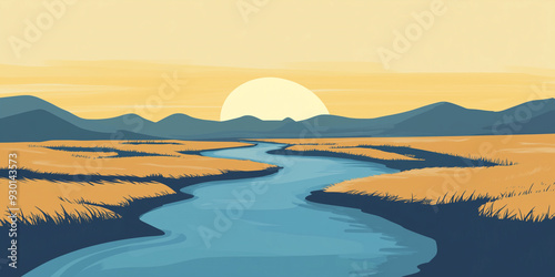 Narrow river curves gently through an empty, level landscape, with no vegetation or other features, flat illustration