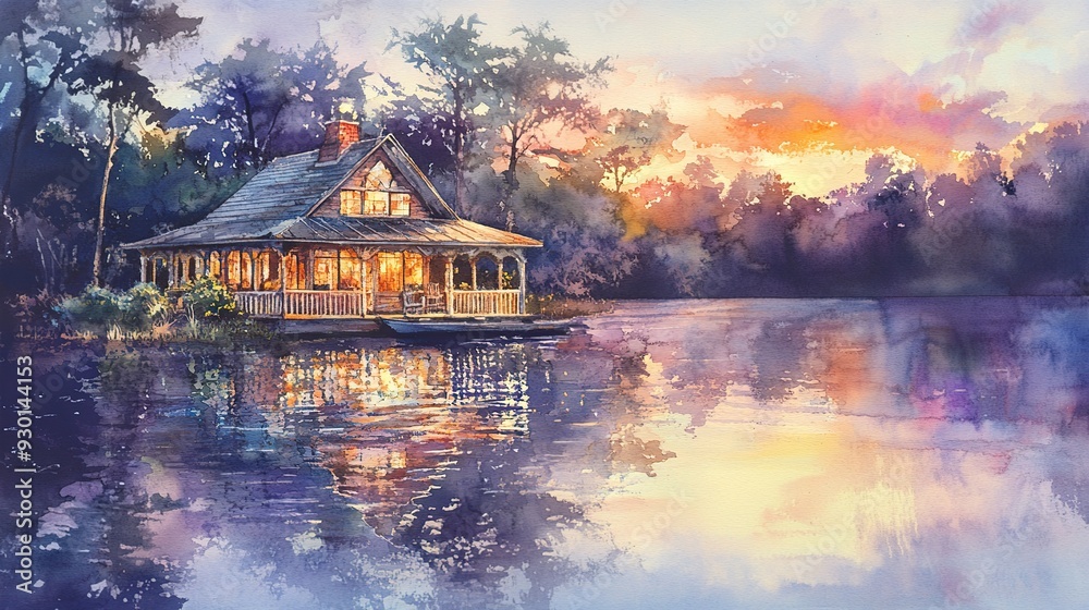 A quaint wooden cabin on a still lake at sunset, surrounded by trees. The reflection of the cabin and the colorful sky are mirrored on the water's surface. A quaint wooden cabin on a still lake at sunset, surrounded by trees. The reflection of the cabin and the colorful sky are mirrored on the water's surface.