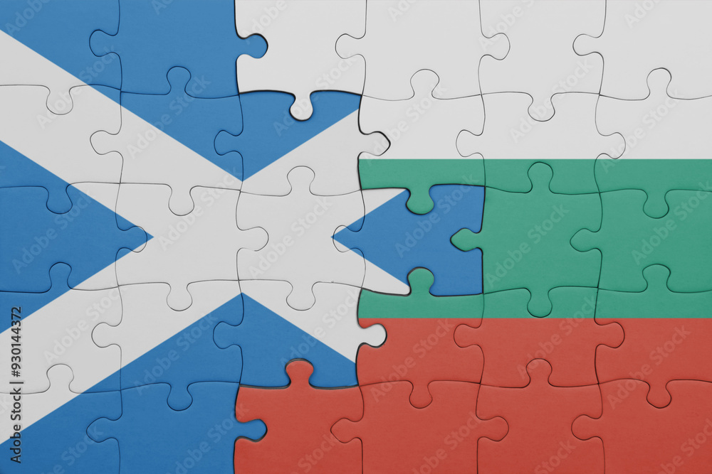puzzle with the colourful national flag of bulgaria and flag of scotland. puzzle with the colourful national flag of bulgaria and flag of scotland.