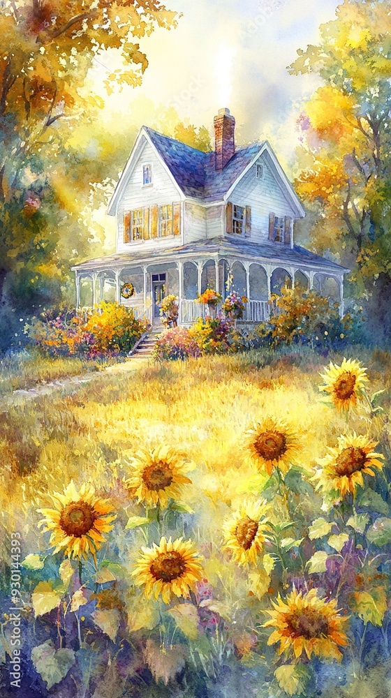 A quaint white house with a porch sits in front of a field of sunflowers, surrounded by vibrant foliage. Sunlight streams through the trees, casting a warm glow. A quaint white house with a porch sits in front of a field of sunflowers, surrounded by vibrant foliage. Sunlight streams through the trees, casting a warm glow.