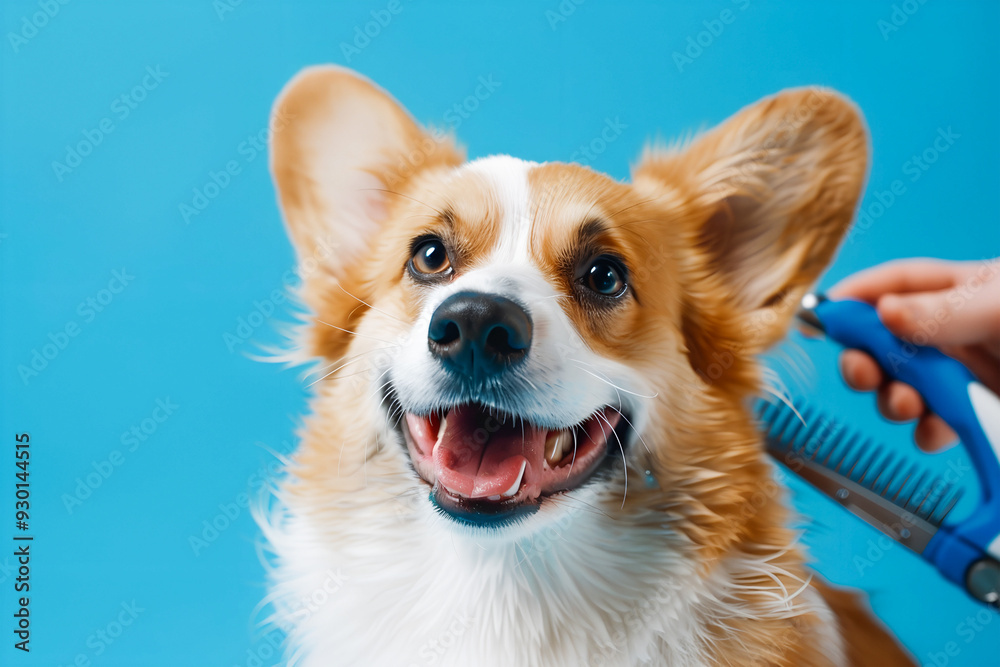Close-up of dog being bathed and groomer in pet beauty salon studio for hairdressing clean fur on the face on light background Close-up of dog being bathed and groomer in pet beauty salon studio for hairdressing clean fur on the face on light background