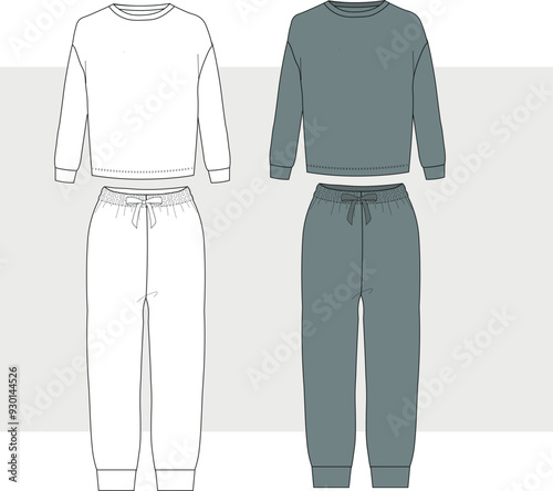 womens tracksuit set ladies hoodie and jogging bottom technical drawing flat sketch vector illustration template. isolated on white background cad mockup.