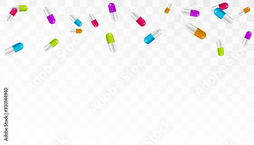 Capsules of two parts of tablets are scattered in a chaotic order. Vector for pharmaceutical design and industry.