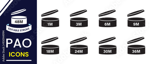 Pao vector icon, symbol, silhouette. Cosmetic icon, vector. Flat boxes vector with cap. Expiration month of cosmetics. 1M, 3M, 6M, 9M, 18M, 24M, 30M, 36M, 48 month expiry. Vector illustration.