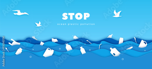 Paper cut environment banner with plastic in sea, polluted water ocean and wastes, vector background. Sea pollution with plastic, banner for save planet, ecology conservation and nature protection