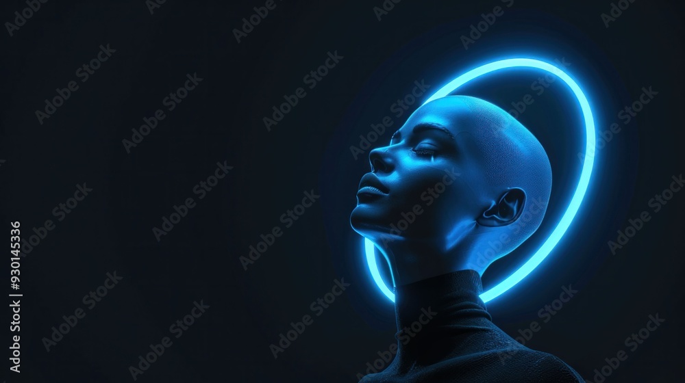 Obraz premium Futuristic woman with glowing blue halo against a dark background