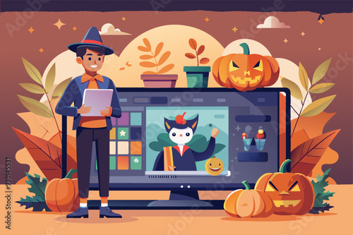 A man in a witch costume in front of a computer scree with a cat