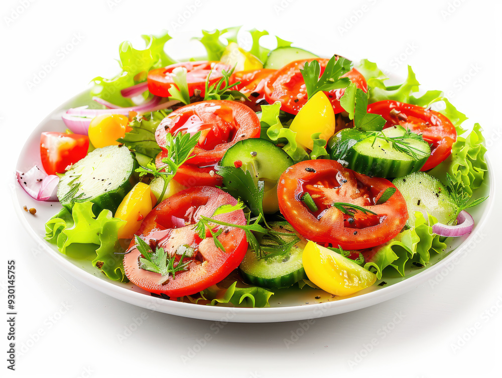 Summer colourful and full of vitamins vegetable salad . on a plate, close-up on a white background. AI generative. Summer colourful and full of vitamins vegetable salad . on a plate, close-up on a white background. AI generative.