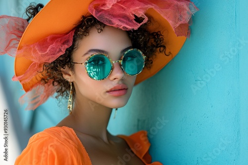 a chic woman in a orange outfit with hat and sunglasses photo