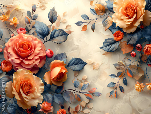. A stunning floral arrangement featuring vibrant orange roses complemented by elegant blue leaves.