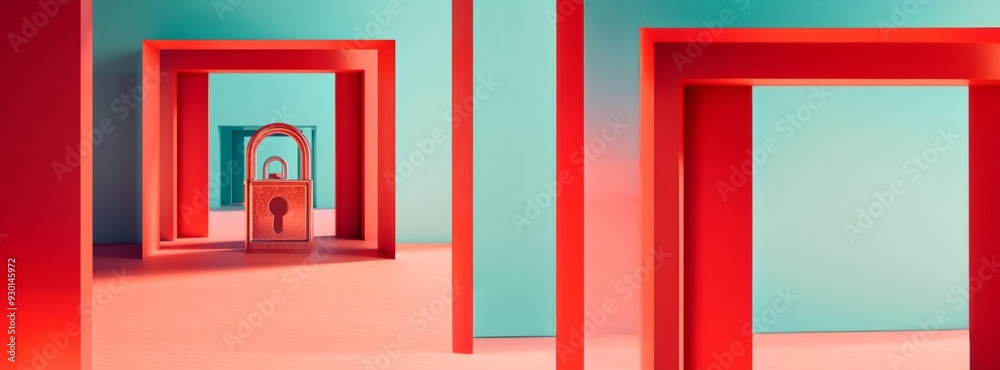Surreal Setup with Red Frames, Turquoise Background, and Central Padlock Surreal Setup with Red Frames, Turquoise Background, and Central Padlock