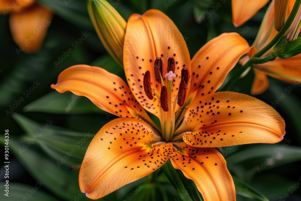 A close-up of a lily in full bloom, with its vibrant orange petals and dark spots standing out against green leaves