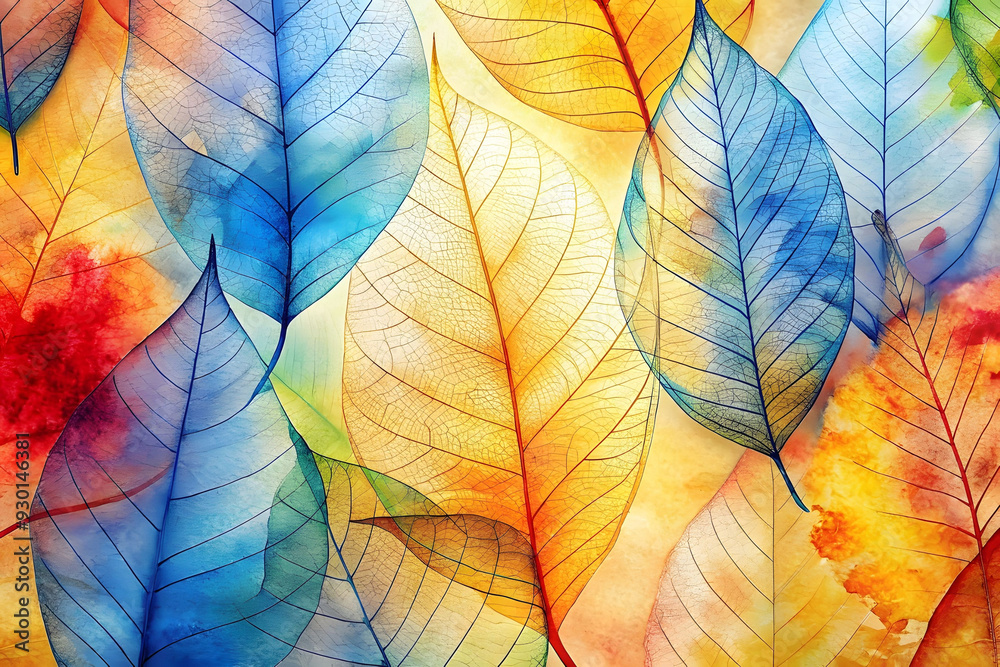 Seamless background pattern of golden skeleton leaves. Top view view of beautiful decorative skeleton leaves