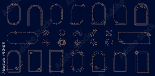 Y2K celestial frames, arches and border elements in minimal golden line, vector geometric shapes. Y2K star twinkles with celestial crescent moon and sun for esoteric Tarot or magic occult frames
