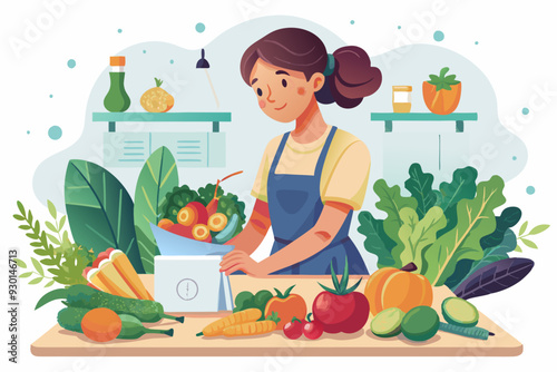 A woman is cooking vegetables in the kitchen while using a laptop