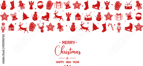 Christmas elements set icons design. Christmas collection of bells, santa, deer, angel, nutcracker, cookies, showman, snowstar, drums, mitten, candy, sock, tree