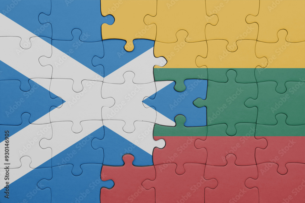 puzzle with the colourful national flag of lithuania and flag of scotland. puzzle with the colourful national flag of lithuania and flag of scotland.