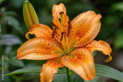 A close-up of a lily in full bloom, with its vibrant orange petals and dark spots standing out against green leaves photo