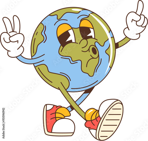 Retro groovy earth planet or cartoon space character with funky funny face, vector 70s comic art. Groovy earth planet with happy smiling face, peace gesture sign and whistling melody for emoji