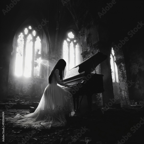 a young woman playing on a old vintage piano