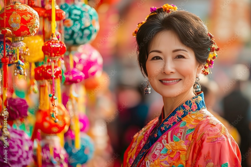 A joyful woman in vibrant traditional attire stands among colorful decorations during a festive celebration. A joyful woman in vibrant traditional attire stands among colorful decorations during a festive celebration.